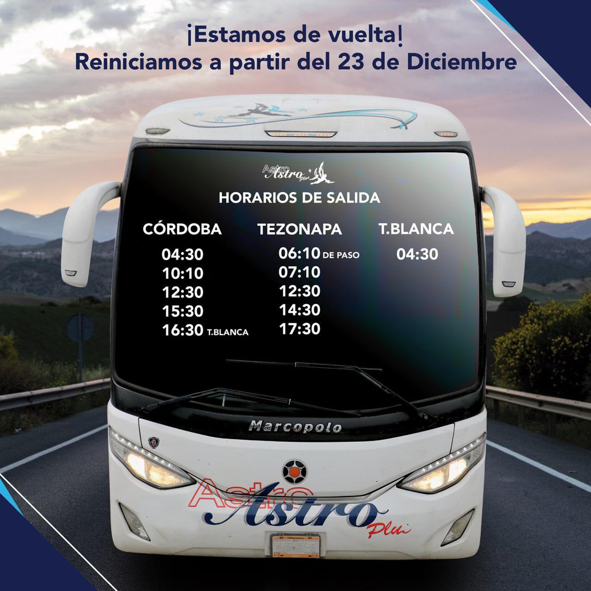 BusAstroPlus's tweet photo. ¡Aviso importante! Reactivamos nuestro servicio Córdoba - Tezonapa - Tierra Blanca a partir del día 23 de Diciembre 2020 #AstroPlus https://t.co/vwX7U2FM2L