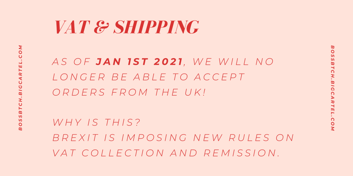 As of January 1st 2021, VAT regulations will be changing. What this means is: 
─ All orders placed prior to Jan. 1st will not be affected
─ We will not be able to accept and ship orders to the UK for physical goods starting on Jan. 1st

Further info: gov.uk/government/pub…
