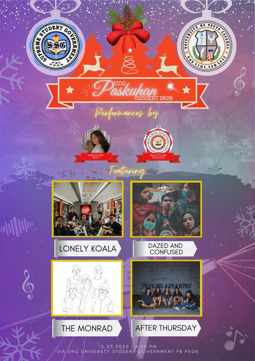 gellathiiin's tweet photo. Catch the performances of our UNCean talents together with our featured Bicolano bands Lonely Koala, @BandDazed, @TheMonrad, and @afterthursday today (Dec 23) at 6PM via FB live on the UNC University Student Government FB Page + get a chance to win Php 2000 worth of prizes! ⛄ https://t.co/80gPyaZSHT