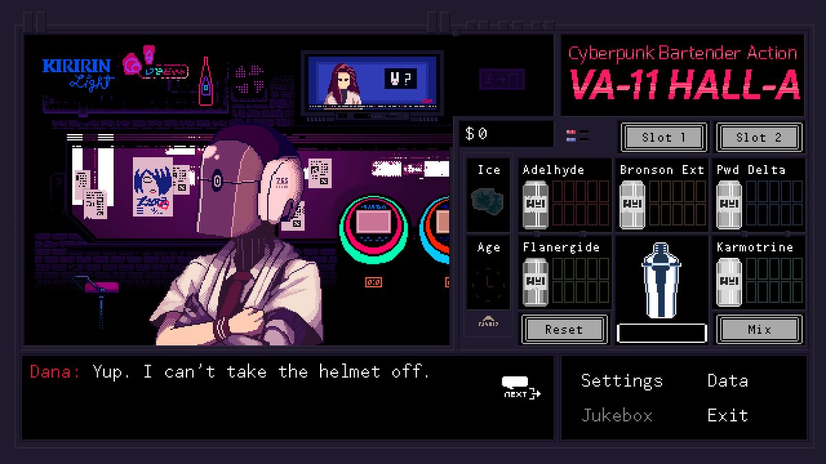 VA-11 HALL-A (Vallhalla) Cyberpunk Bartender ActionThis is in my top 3 favorite visual novels. It's a wonderful vn set in a cyberpunk setting with amazingly written and cute characters and a dev team that's really supportive of the community. Highly recommend a read! I love it!
