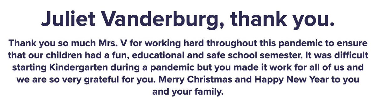 This is just the sweet note I needed as we head into winter break. We can all agree that there has been nothing easy about this year but it makes it all worth it to know that families are seeing our hard work and appreciate our dedication. This note is for ALL educators ❤️