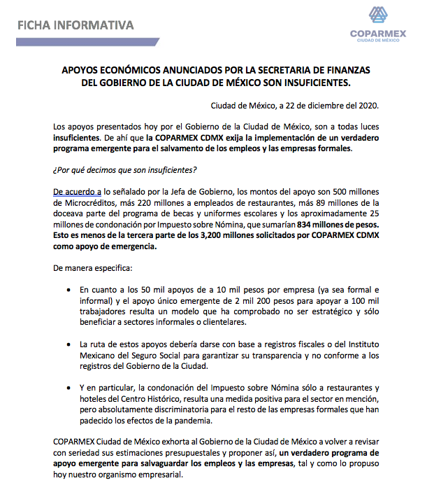 nayeli__meza's tweet photo. #FICHAINFORMATIVA @COPARMEX_CDMX_ advierte que los apoyos presentados hoy por el @GobCDMX son "a todas luces insuficientes" y exige la implementación de "un verdadero programa emergente para el salvamento de los empleos y las empresas formales". https://t.co/VNV5L811jE