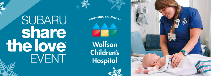 WolfsonChildren's tweet photo. There are just a few weeks left of @SoJax's 13th Annual #ShareTheLove event! Through Jan. 4, for every car purchased or leased, they'll donate $250 to charity, and match it 100% if you choose Wolfson Children's Hospital: https://t.co/vsdYXVXzKB #SOJAX https://t.co/Vy45ibsn9K