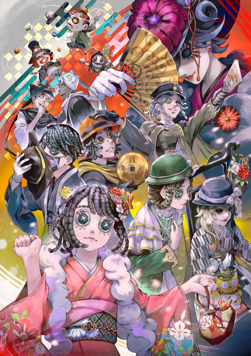 japanese clothes kimono hat holding flower multiple boys multiple girls  illustration images