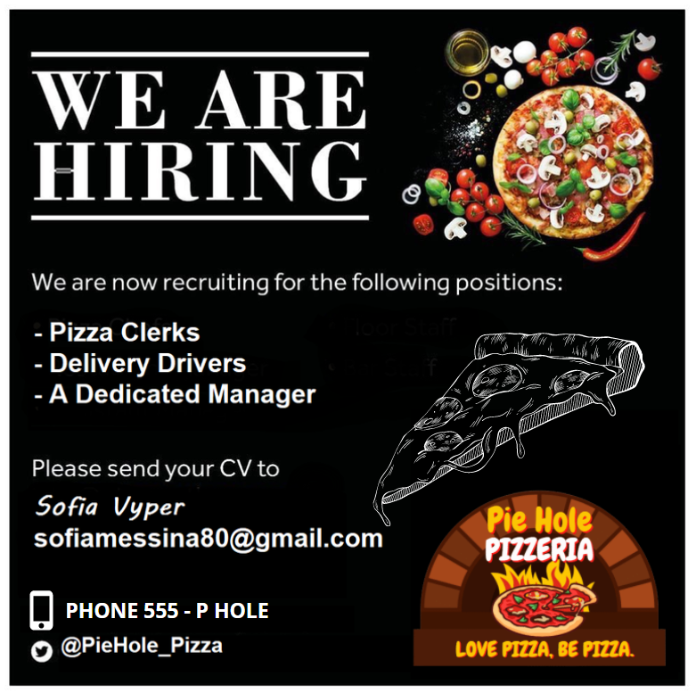 PieHole_Pizza's tweet photo. NOW HIRING! Clerks, Delivery Drivers, &amp; a Manager.
Perks:
~ Friendly staff
~ Always busy
~ All Staff get two free meals per 8 hour shift*

(*Meal includes 1 pizza or pasta dish 
+ 1 non-alcoholic drink) https://t.co/VGYu7lQM5Q