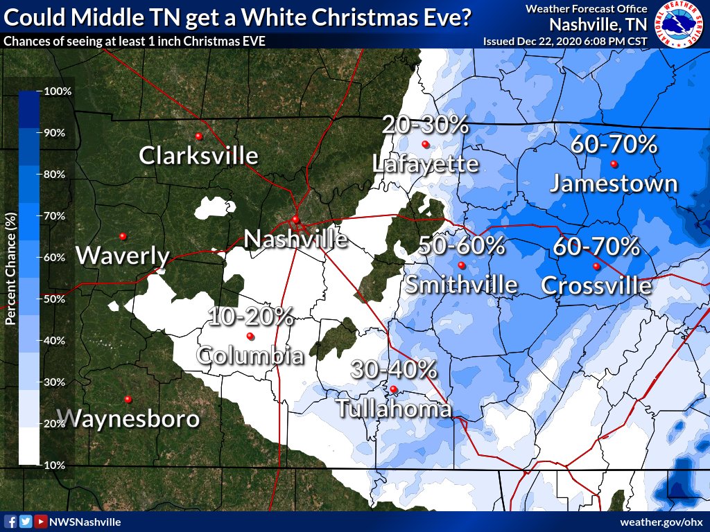 NWSNashville's tweet photo. Cold air is gonna chase the rain again tomorrow night. This means a chance for snow accumulation on Christmas Eve. Here is a look at the potential to see 1 inch or more before Saint Nick arrives in #MiddleTN Will anyone actually see a White Christmas? Only if there's leftovers https://t.co/IhWue0JBAq
