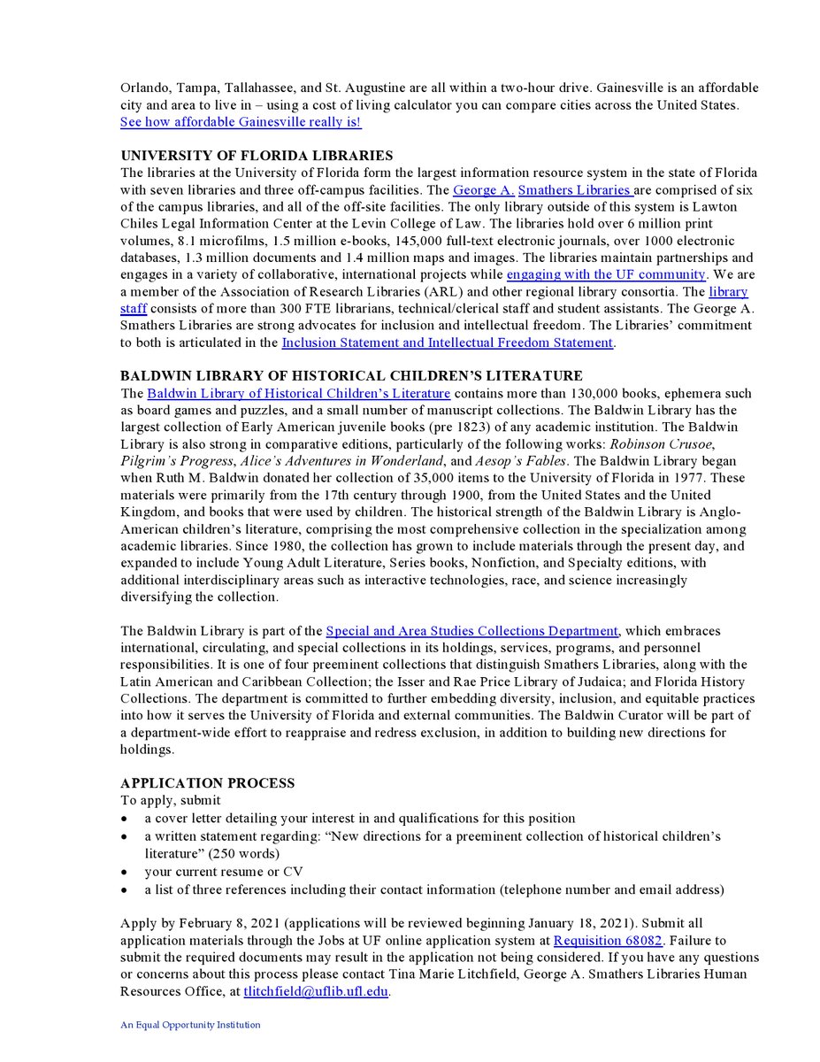 POSITION VACANCY ANNOUNCEMENT
Curator, Baldwin Library of Historical Children’s Literature
Assistant University Librarian or Associate University Librarian
DEADLINE: 8 Feb 8 2021 (Review of applications will begin 18 Jan 2021)

#IRSCL #AcademicTwitter #Librarians