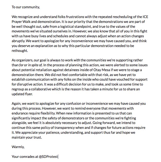 SdProtest's tweet image. Thank you all for being patient with us. Here’s a statement and the flyer for the ICE demonstration next month.