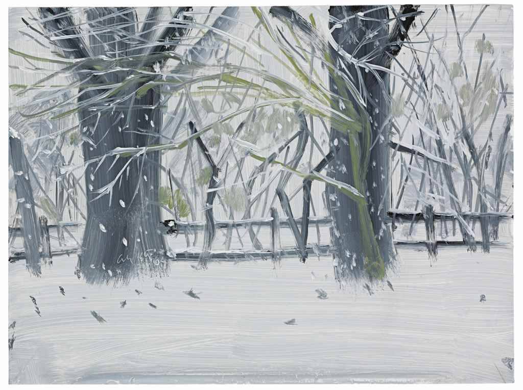 Alex Katz (American, b. 1927), Snow and Fence, 2004. Oil on board, 9 x 12 in.