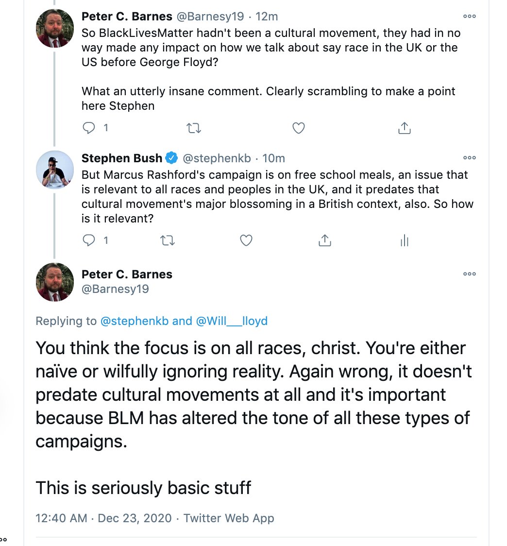 This is a remarkable, if entirely unsurprising journey from someone (possibly a Conservative party member) who originally argued that my point was drivel to going 'no, actually, the difference between Rashford and Fowler is that he's black').