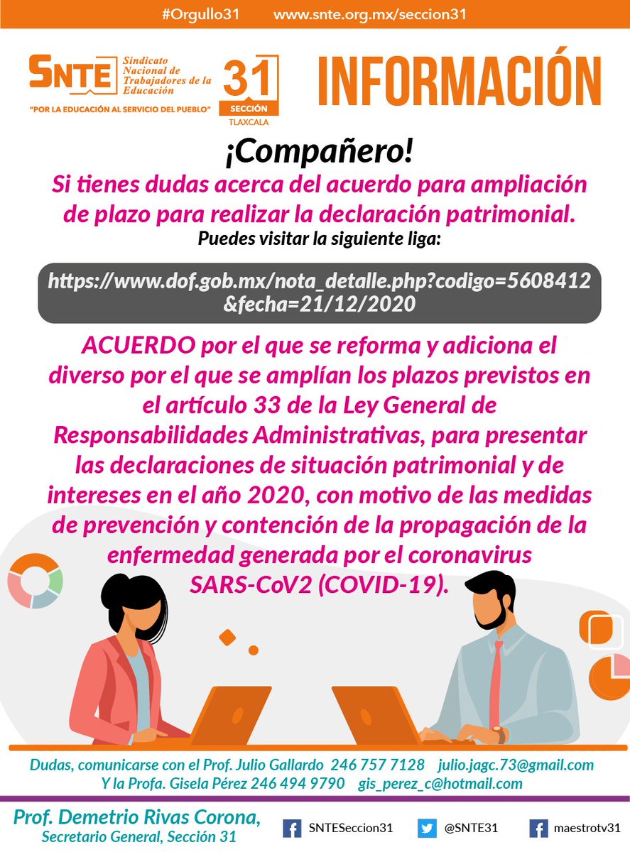 SNTE31Tlaxcala's tweet photo. ¡Compañero! Si tienes dudas acerca del acuerdo para ampliación de plazo para realizar la declaración patrimonial.
Puedes visitar la siguiente liga. https://t.co/hsUogSu4RF
#Orgullo31 https://t.co/XxcJzm1v4C