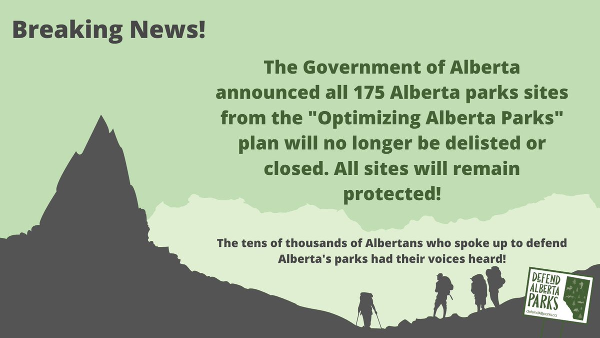 A new government announcement brings uplifting news: the 175 sites under the “Optimizing Alberta Parks” plan will no longer be delisted or closed. The voices of tens of thousands of Albertans who stood up to #DefendABParks were heard!
 
Our press release: cpawsnab.org/alberta-parks-…