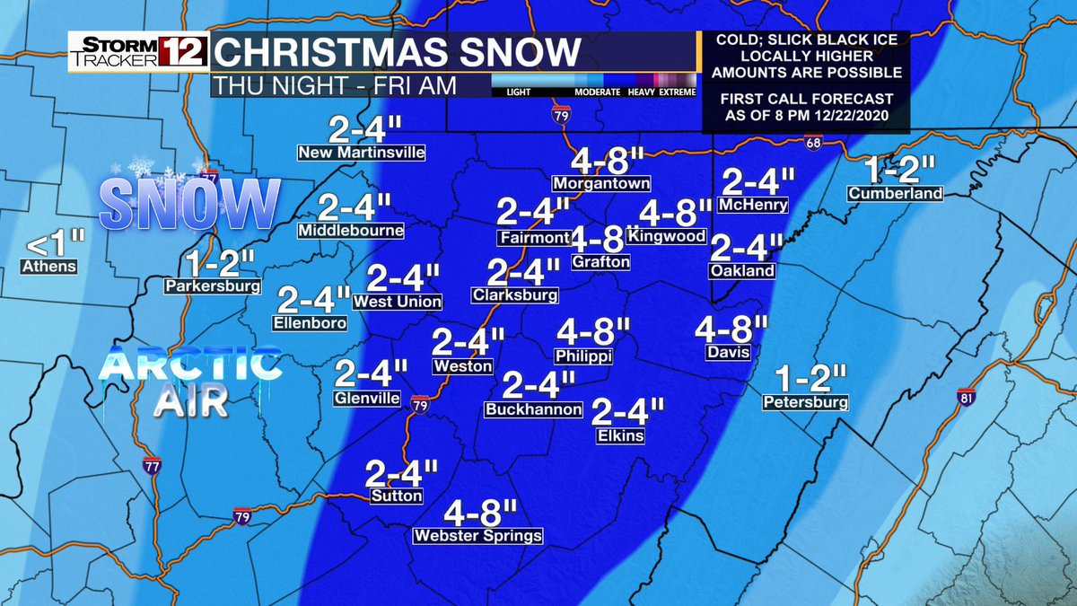 StormTracker12's tweet photo. Our "First Call Forecast" for Christmas Eve night-Christmas morning. There'll be plenty of cold air to most likely produce a White Christmas for all of NCWV with frigid temps &amp; measurable snowfall. We're still fine-tuning the details and will continue to do so! #WVwx - @ScottWBOY https://t.co/w755DL5uez