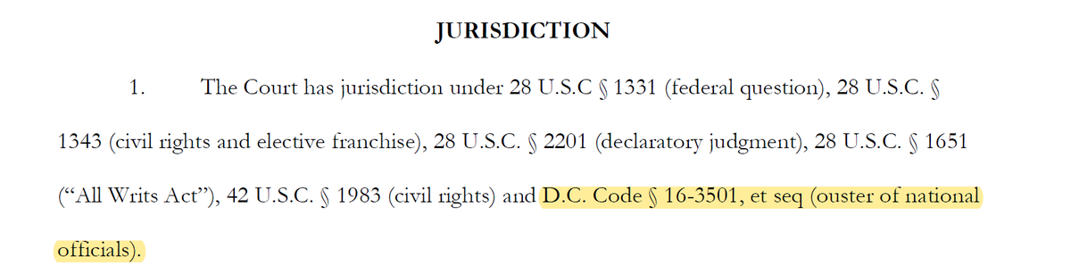 The DC Code provision in question relates to a rarely-used procedural device known as "quo warranto." I'm not going to dig into what that is, but I will say that I'm nearly certain that they're not suing the right parties for that cause, so we may indeed have hit all of 12(b).