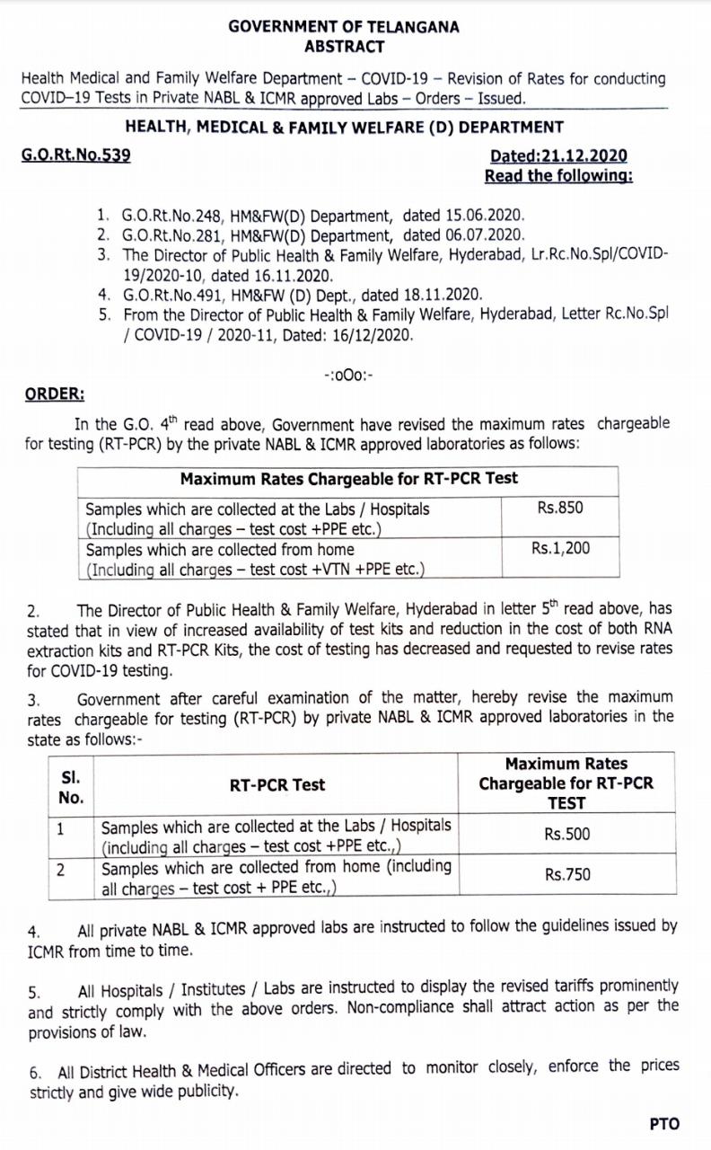 Ndtv Telangana Cost Of Covid Rt Pcr Test Capped At Rs 500 For Lab Testing Rs 750 For Home Collection