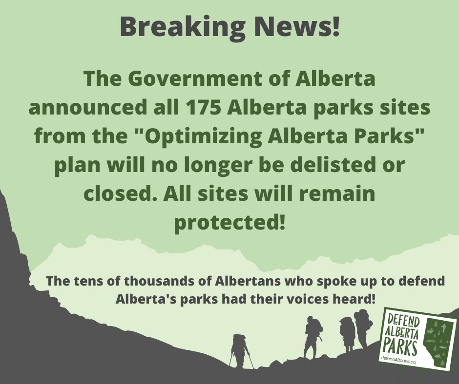 A new government announcement brings uplifting news: the 175 sites under the “Optimizing Alberta Parks” plan will no longer be delisted or closed. The voices of tens of thousands of Albertans who stood up to #DefendABParks were heard!

Read on: cpaws-southernalberta.org/provincial-gov…