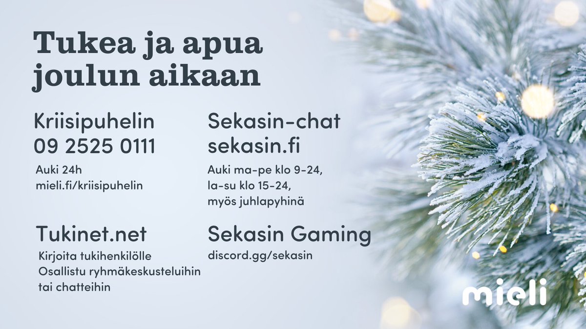 Joulu 2020 on Kriisipuhelimessa ensimmäinen, jolloin voimme pitää suomenkielisen linjan auki 24/7. Olemme varustautuneet juhlapyhiin hyvin ja päivystäjiä on enemmän kuin koskaan ennen.

Ruotsin- &amp; arabiankielinen linja auki arkisin. mieli.fi/kriisipuhelin
#kriisipuhelin #joulu