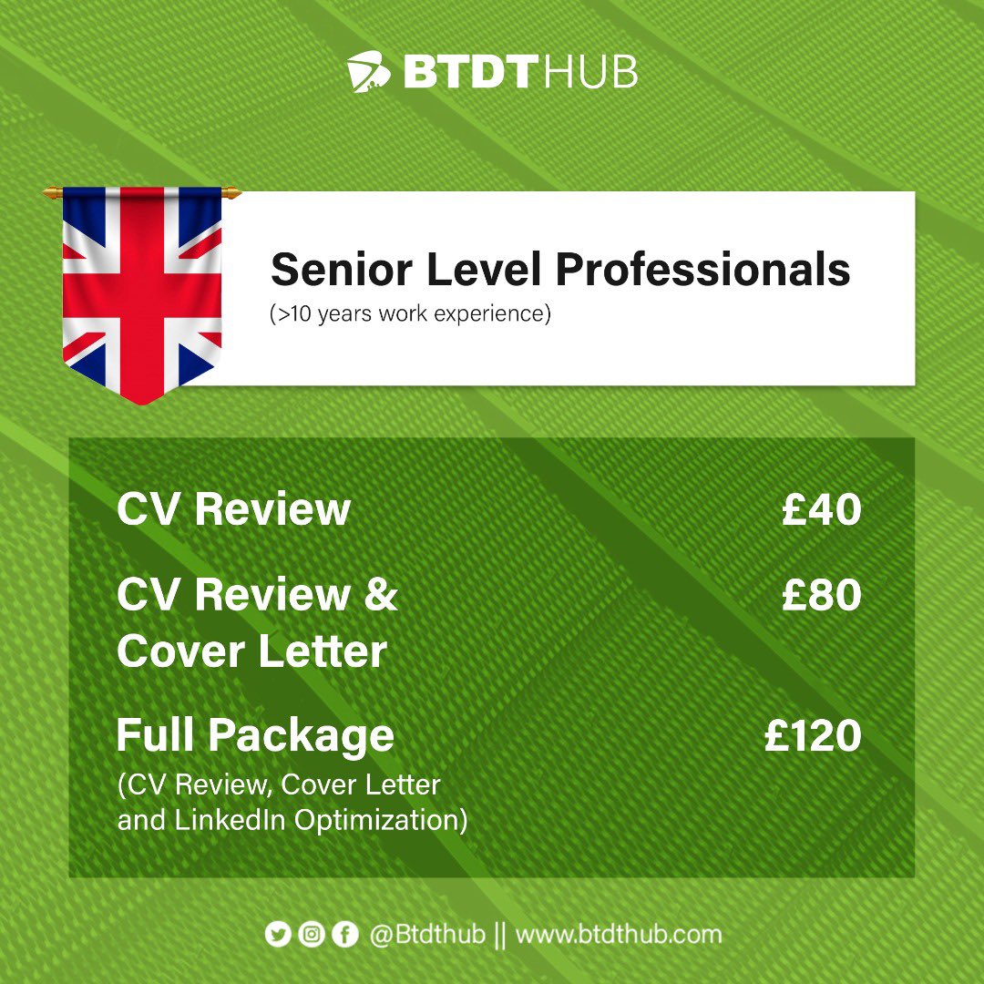 BTDTHub's tweet photo. We are a leading Personal Branding outfit guaranteeing results for our UK clients since 2015. 

Our CV/Cover Letter advisors have experience in diverse industries. 

We will assign you a writer based on your background, experience and requirements. 

Get in touch today! https://t.co/lfDhHI4vxz
