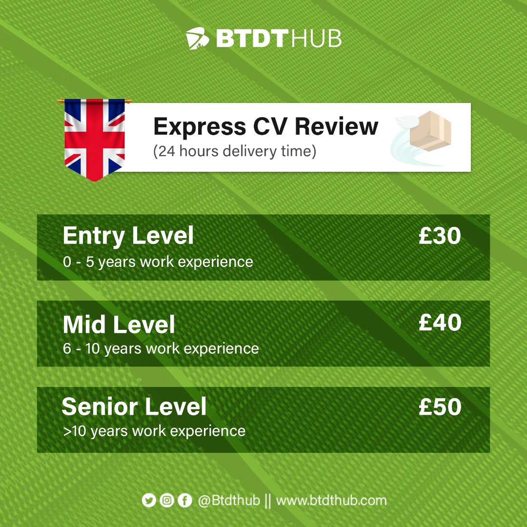 BTDTHub's tweet photo. We are a leading Personal Branding outfit guaranteeing results for our UK clients since 2015. 

Our CV/Cover Letter advisors have experience in diverse industries. 

We will assign you a writer based on your background, experience and requirements. 

Get in touch today! https://t.co/lfDhHI4vxz