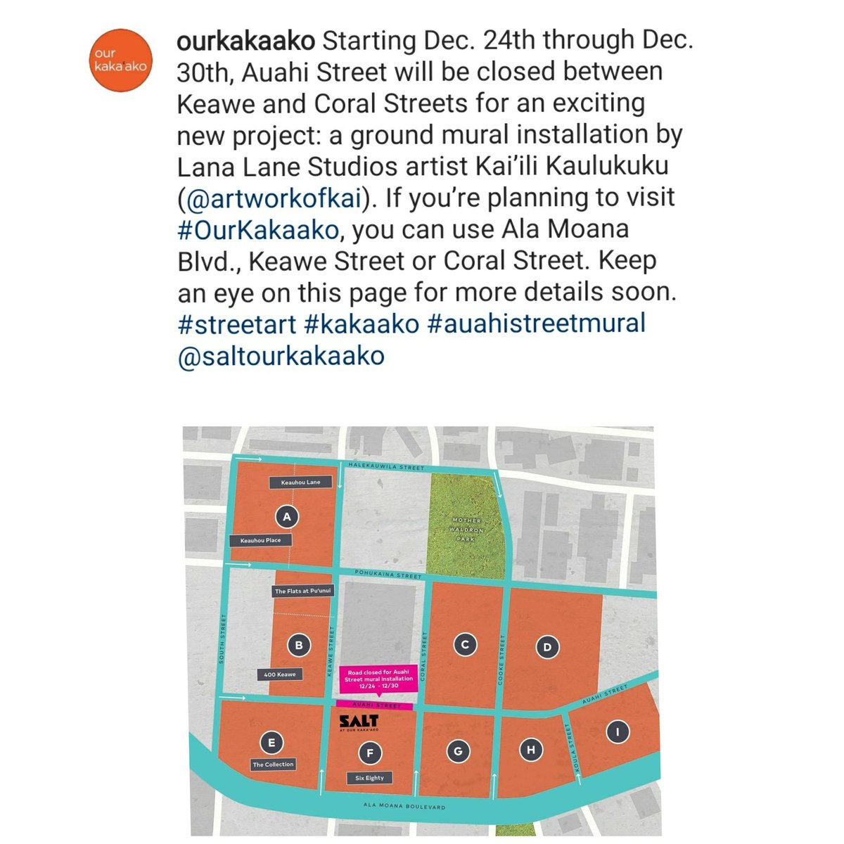 MyKakaako's tweet photo. TRAFFIC ALERT from 12/24/2020 ~ 12/30/2020 on Auahi Street #Kakaako #HiTraffic #Hawaii @dt808traffic #streetart #mural #AuahiStreet https://t.co/IeMkItLyF5