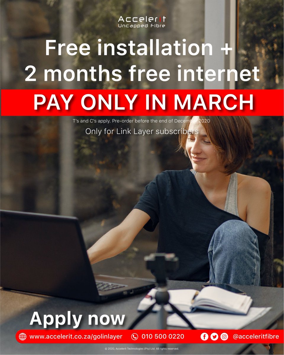 Guess what?! Christmas came early this year. 2x FREE and you only start paying in March. NO CAP! Only <a href="/acceleritfibre/">AcceleritFibre</a>.

Apply now: acceleritfibre.co.za/golinklayer or call us on 010 500 0220

#accelerituncapped Link Layer