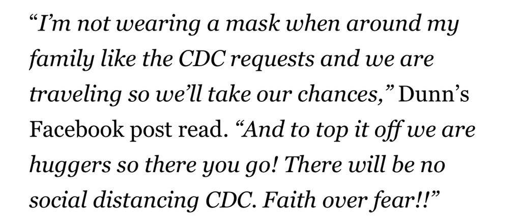 2) Pastor Todd Dunn had been preaching “Faith over fear!” since the COVID-19 pandemic started. Before Thanksgiving, he posted a message on Facebook dismissing precautionary measures by CDC to keep wearing masks and avoid gatherings w/ family members who don’t live in same house.