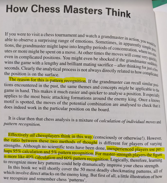 Came across a fun demonstration of pattern recognition in the intro to the book How To Beat Your Dad At Chess.First the relationship of pattern recognition vs brute computation is a function of experience