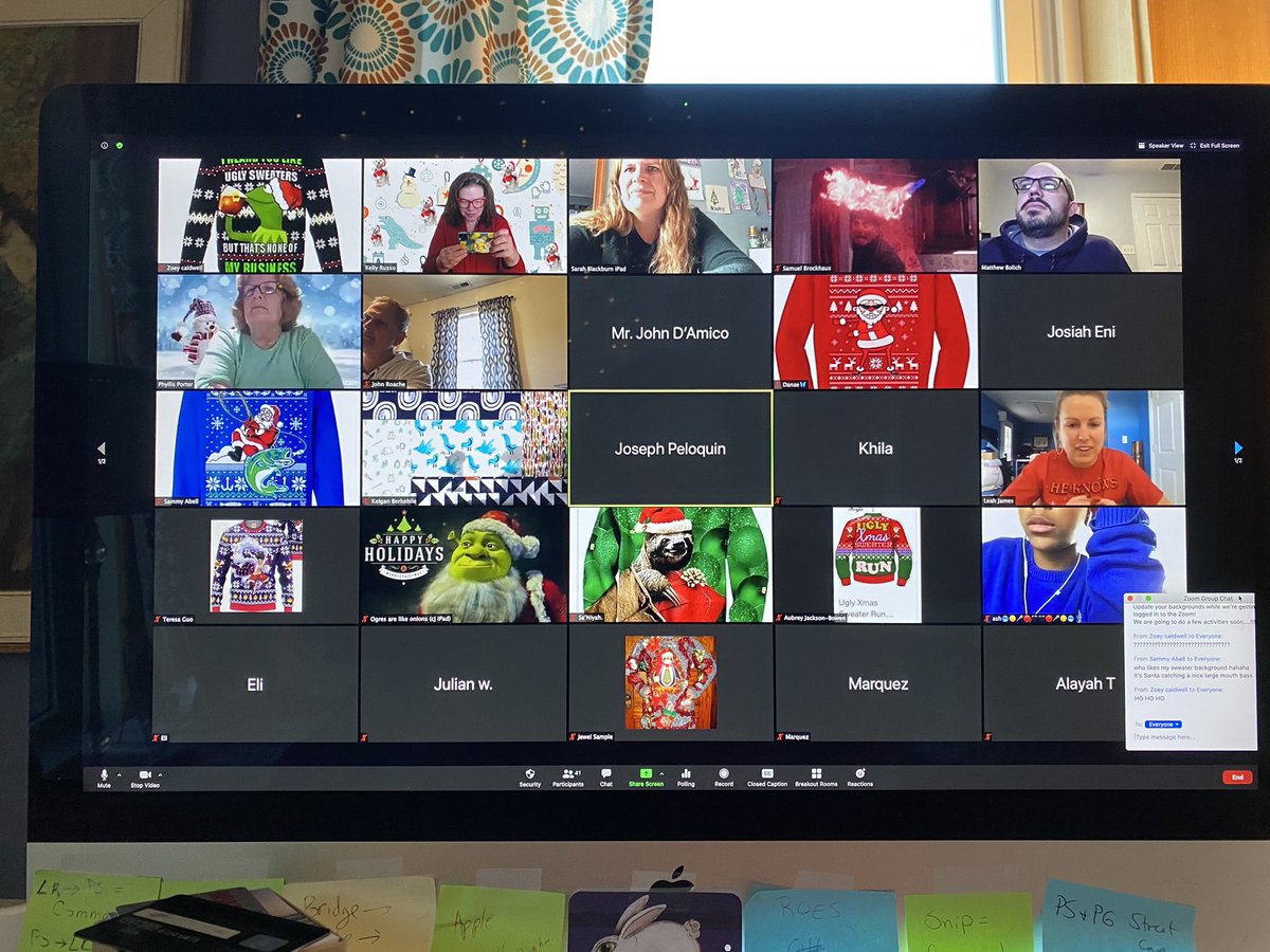 MrsRusso4's tweet photo. 8th graders at @PocomokeMiddle had a group Zoom for the holidays including games and an ugly sweater background contest. https://t.co/W840S2XhQ3