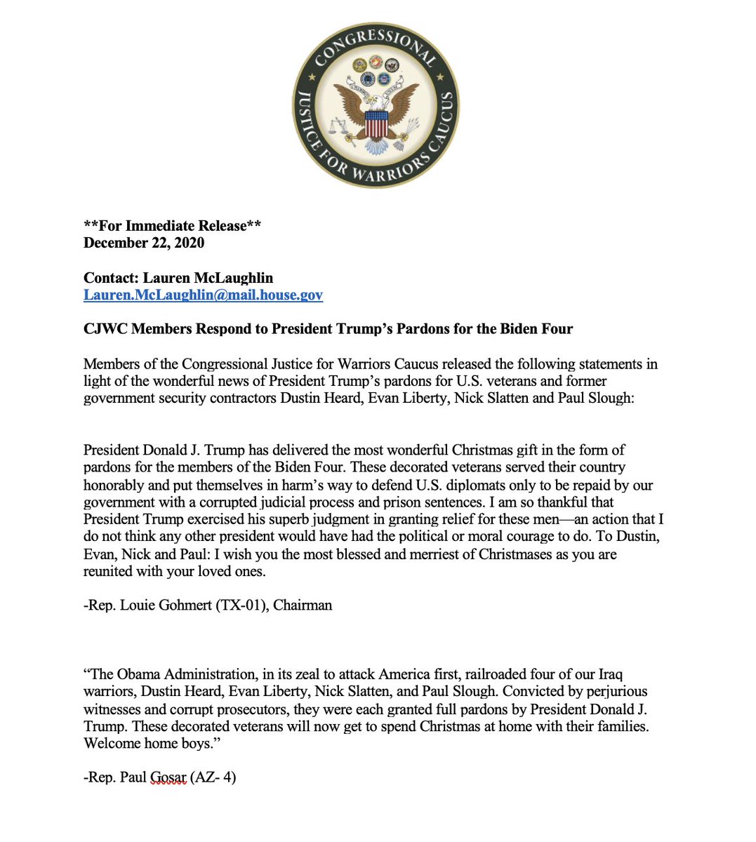 JFWCaucus's tweet photo. Congressional Justice for Warriors Caucus members respond to the wonderful news of @realDonaldTrump's pardons for the #BidenFour. 

cc:@FreeRaven23 https://t.co/hONEpMSbfW