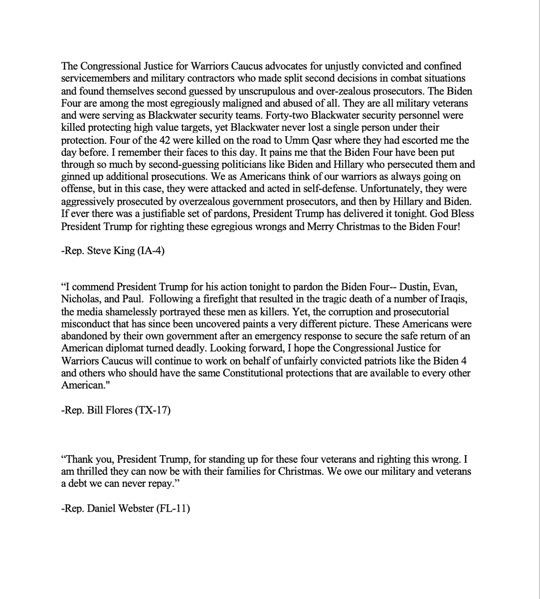 JFWCaucus's tweet photo. Congressional Justice for Warriors Caucus members respond to the wonderful news of @realDonaldTrump's pardons for the #BidenFour. 

cc:@FreeRaven23 https://t.co/hONEpMSbfW