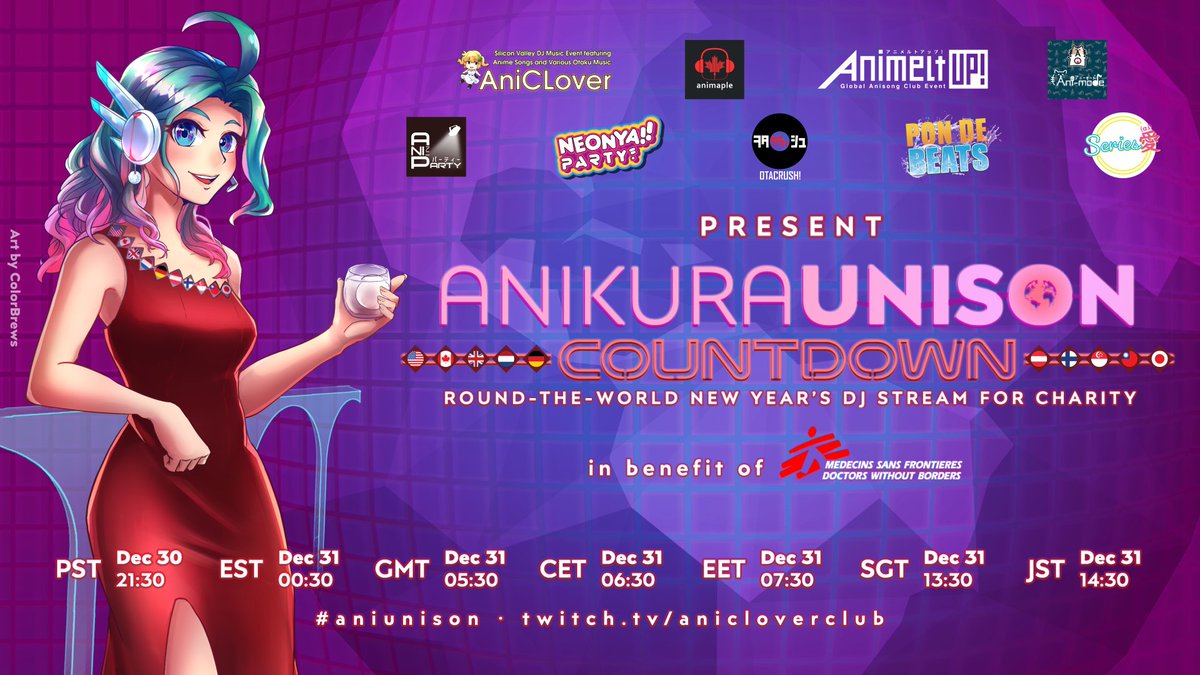AniClover's tweet photo. Join us and count down to the new year with @_AniMaple @AnimeltUP @Ani_mode @anisongparty @neonyaparty @OtaCrush @pondebeatslive @SeriesAi_Music @aniclover plus SG &amp; JP guests at Anikura Unison Countdown!

45 DJs
30 hours
Fundraising for @MSF 

https://t.co/dO5m2eomPA
#aniunison https://t.co/c4OU0852Sm