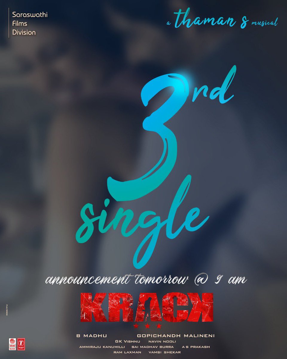 RaviTeja_offl's tweet photo. Third single out soon... #KRACK 

@megopichand @shrutihaasan @MusicThaman @ramjowrites @dop_gkvishnu https://t.co/cIozBtcaPS