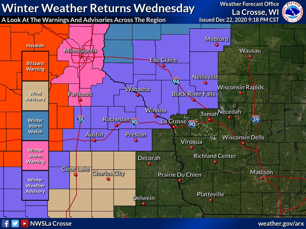 Lots of updates this evening for Wednesday's storm. A variety of headlines are in place from Winter Weather and Wind Advisories across western Wisconsin, southeast Minnesota and northeast Iowa to Blizzard and Winter Storm Warnings farther west. More changes possible overnight. https://t.co/j8US47r5Ce