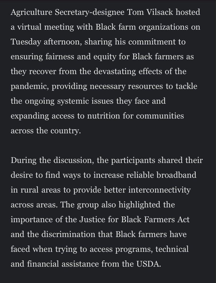 errinhaines's tweet photo. 📨: Ag Sec nominee Tom Vilsack met with Black farmer advocates today, per Biden transition team; Shirley Sherrod among the attendees https://t.co/wI9CnD4qqz