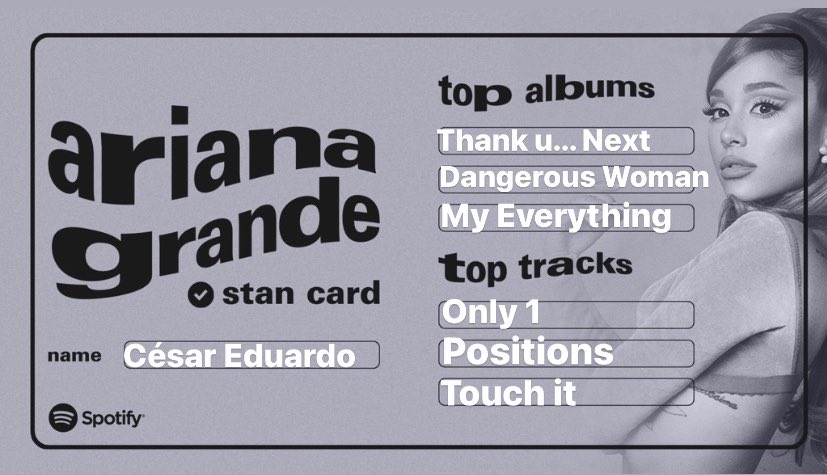 sGold3112's tweet photo. My #AriStanCards @Spotify @ArianaGrande https://t.co/vuUxwLJemG