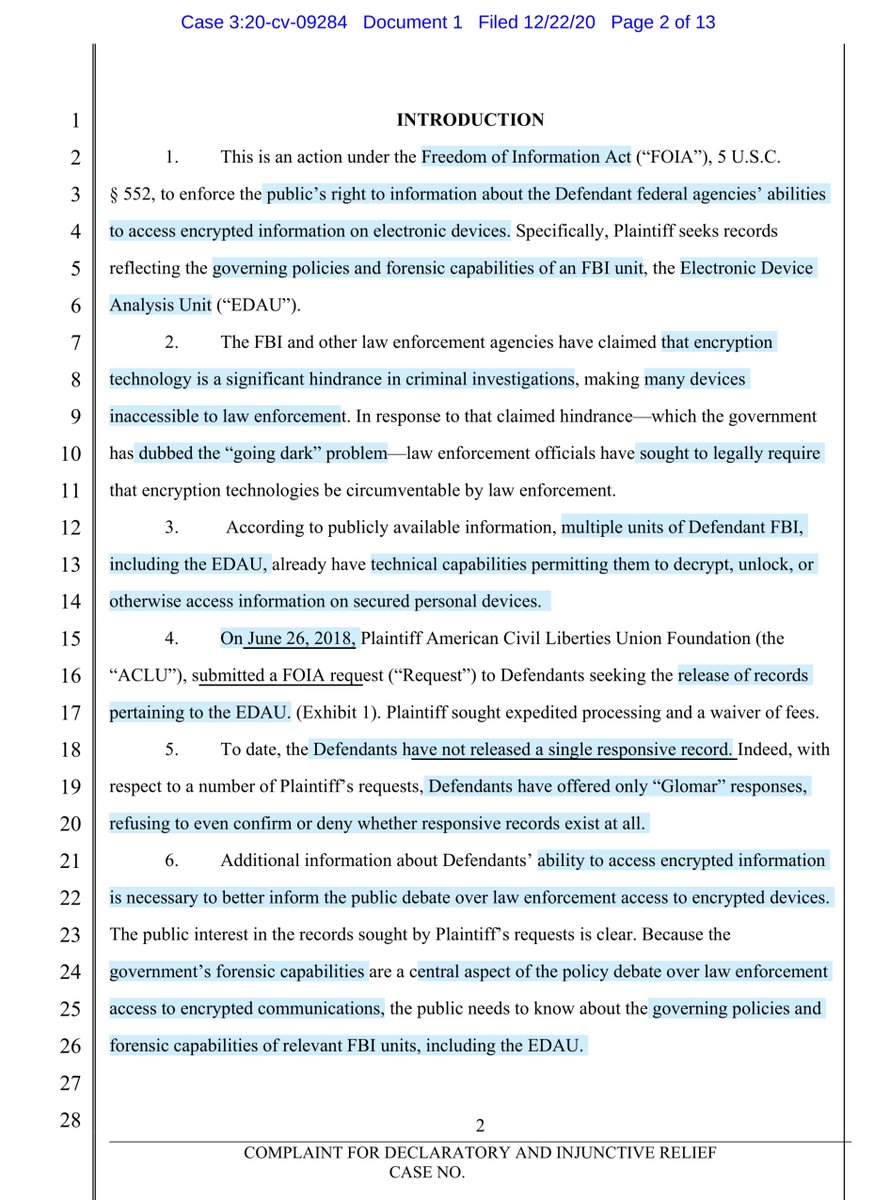 June 26, 2018 the ACLU submitted a FOIA request.To date the FBI has failed to produce A SINGLE document/record“...seeking records reflecting the governing policies and forensic capabilities of an FBI unit, the Electronic Device Analysis Unit (EDAU)...