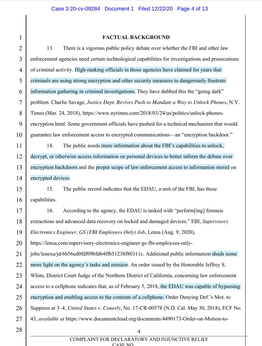 June 26, 2018 the ACLU submitted a FOIA request.To date the FBI has failed to produce A SINGLE document/record“...seeking records reflecting the governing policies and forensic capabilities of an FBI unit, the Electronic Device Analysis Unit (EDAU)...