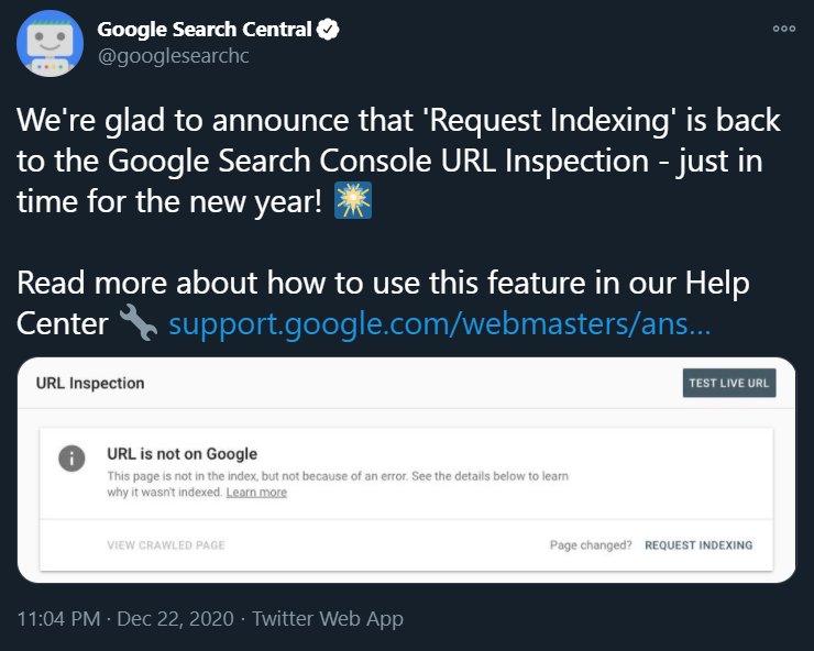 digipple's tweet photo. Request indexing is Back!!!
After Almost 70 days It is back to Home.
#Google #RequestIndexing #SEO #SearchEngineOptimization #DigitalMarketing #URLInspection https://t.co/SyNja7glZB