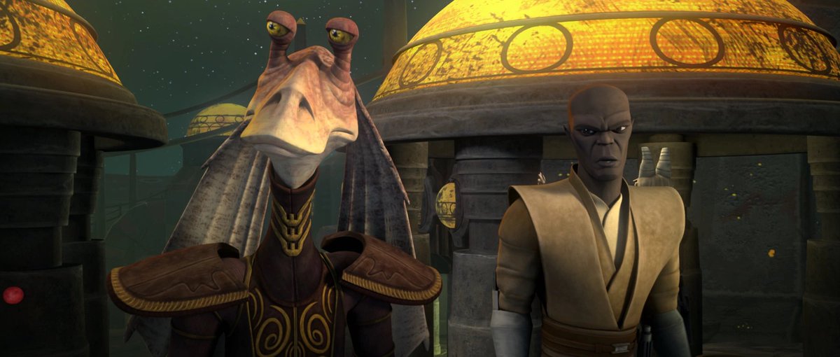 6. During the Clone Wars, the Republic sent Senator Jar Jar Binks and Jedi Master Mace Windu on a mission to help the neutral planet Bardotta. Everyone there hated Mace and thought Jar Jar was awesome. Jar Jar also spent the night with the planet’s queen. The Clone Wars were wild