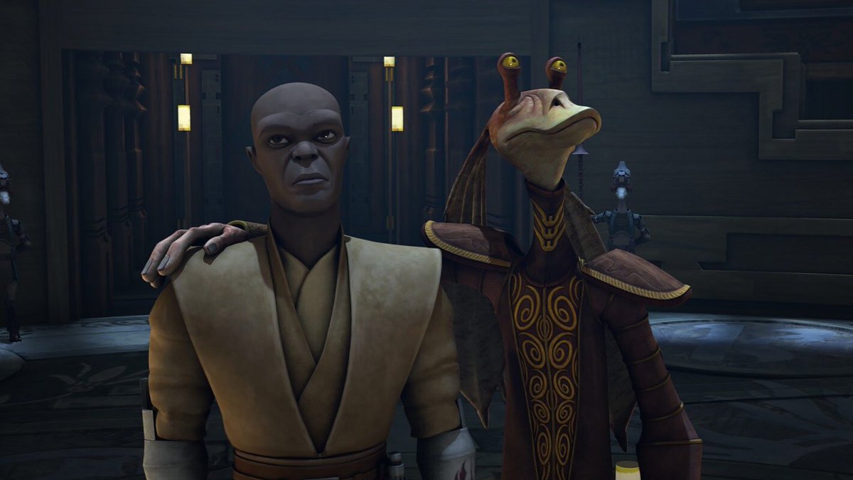 6. During the Clone Wars, the Republic sent Senator Jar Jar Binks and Jedi Master Mace Windu on a mission to help the neutral planet Bardotta. Everyone there hated Mace and thought Jar Jar was awesome. Jar Jar also spent the night with the planet’s queen. The Clone Wars were wild