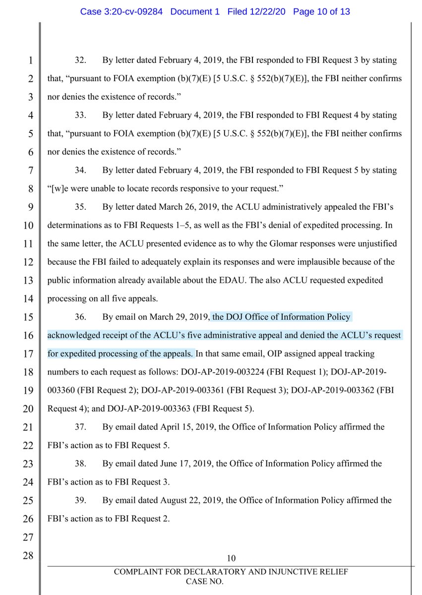 “..over two years since the ACLU submitted the Request, the AG’s office has neither released responsive records nor explained its failure to do so“ @JusticeOIG hasn’t even acknowledge the ACLU’s FOIA requestThe FBI is playing FOIA exemption & GLOMAR game. https://www.aclu.org/sites/default/files/field_document/1-0._complaint.pdf