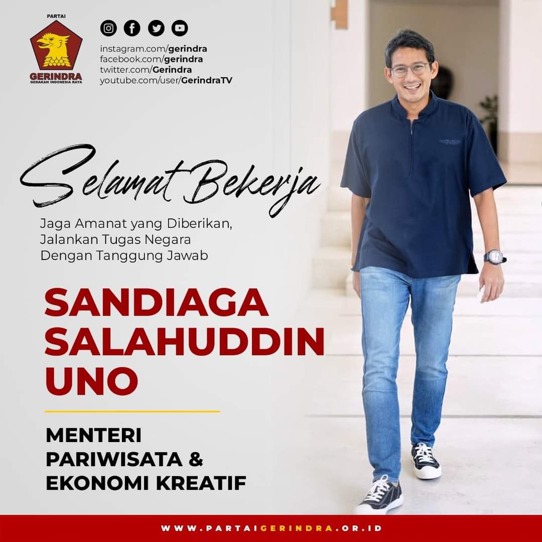 Gerindra's tweet photo. Selamat mengemban amanah sebagai @Kemenparekraf periode 2019-2024, @sandiuno. Pesan kami jalankan tugas negara dengan tanggung jawab dan amanah. Jaga kepercayaan yang diberikan dengan prestasi dalam memajukan pariwisata dan ekonomi kreatif negeri. https://t.co/MOIJsps1fv