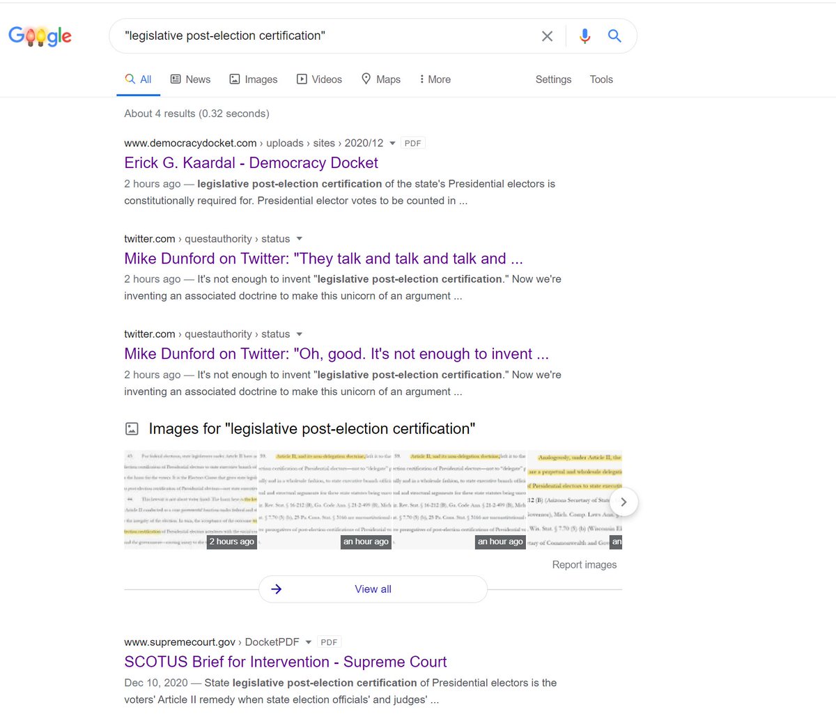Lots more about "legislative post-election certification." Here's the Google results for that phrase. Two are this twitter thread; one is this complaint; and one is the brief that fuckhead lawyer submitted advocating for SCOTUS to take a case he said here was correctly declined.
