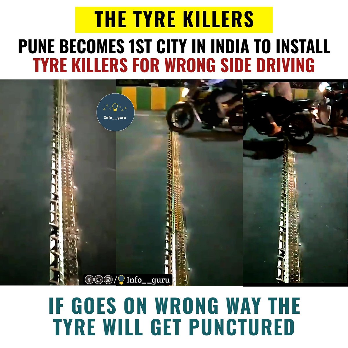 Infoguru9's tweet photo. India's first city Pune to install The Tyre Killers..π₯
To stop vehicles coming in wrong way..
What an Innovative idea π
#info__guru #tyrekillers #punetyrekillers #punestartups #trafficpolice #trafficontroller #wrongway https://t.co/BRRiI7F1cO