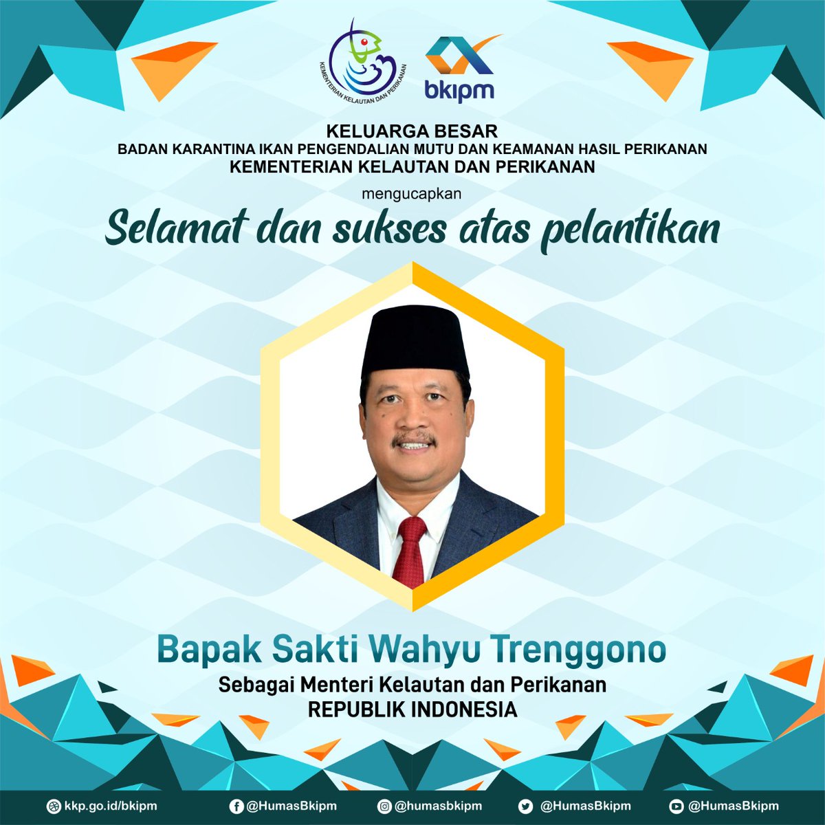 bppmhkp's tweet photo. Keluarga besar #BKIPM mengucapkan selamat dan sukses atas pelantikan Bapak @saktitrenggono sebagai Menteri Kelautan dan Perikanan 🙏 https://t.co/CxTNaj3T2t