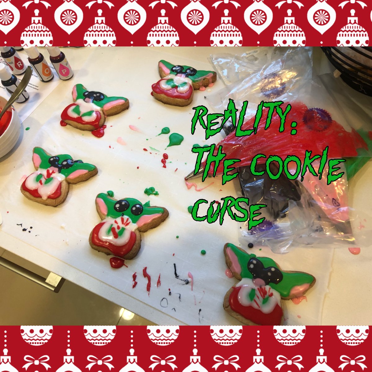 robooctopus's tweet photo. My sister and I made "baby yoda" cookies last year and I thought they turned out well. Tried to recreate them on my own... it did not go as well. I definitely made the icing too thin and did not wait for things to dry. #TheMandalorian #Grogu #cookiefail https://t.co/ySrQLogXDD