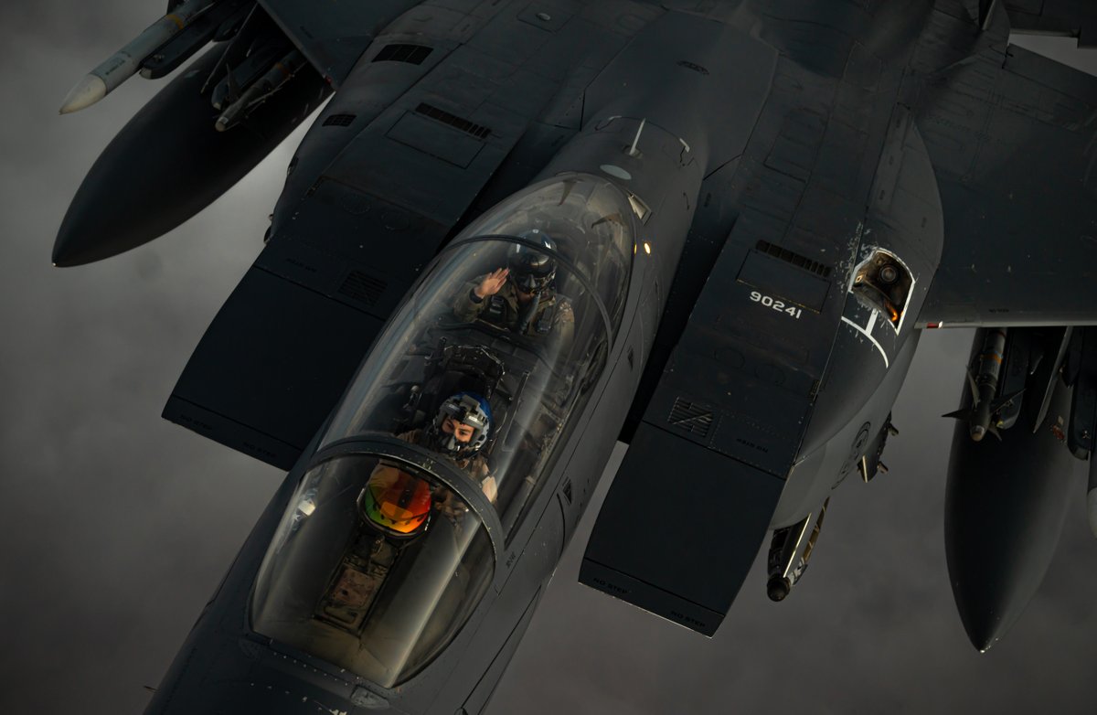 A U.S. Air Force F-15E Strike Eagle departs after receiving fuel from a U.S. Air Force KC-135 Stratotanker, assigned to the 50th Expeditionary Aircraft Refueling Squadron, during an air refueling mission over Southwest Asia, Dec. 22, 2020. The F-15E Strike Eagle is a dual-role fighter designed to perform air-to-air and air-to-ground missions, demonstrating U.S. Air Forces Central’s posture to deter regional aggressors. (U.S. Air Force photo by Staff Sgt. Trevor T. McBride)