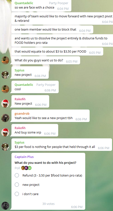 34) Quantadelic asked the community in Telegram what they wanted to do next. Context was not provided. Up to this point project discussions and decision-making had largely taken place in private channels.
