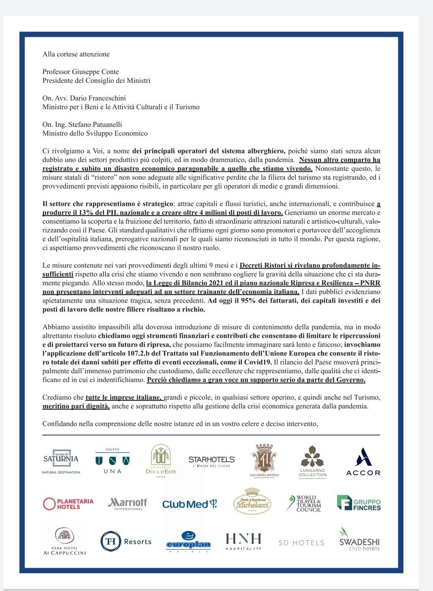 I principali operatori italiani dell'industria turistica uniti nel GRIDO di ALLARME per le proprie aziende e per le migliaia di famiglie di lavoratori del #turismo.
Da soli non ce la faremo!!!