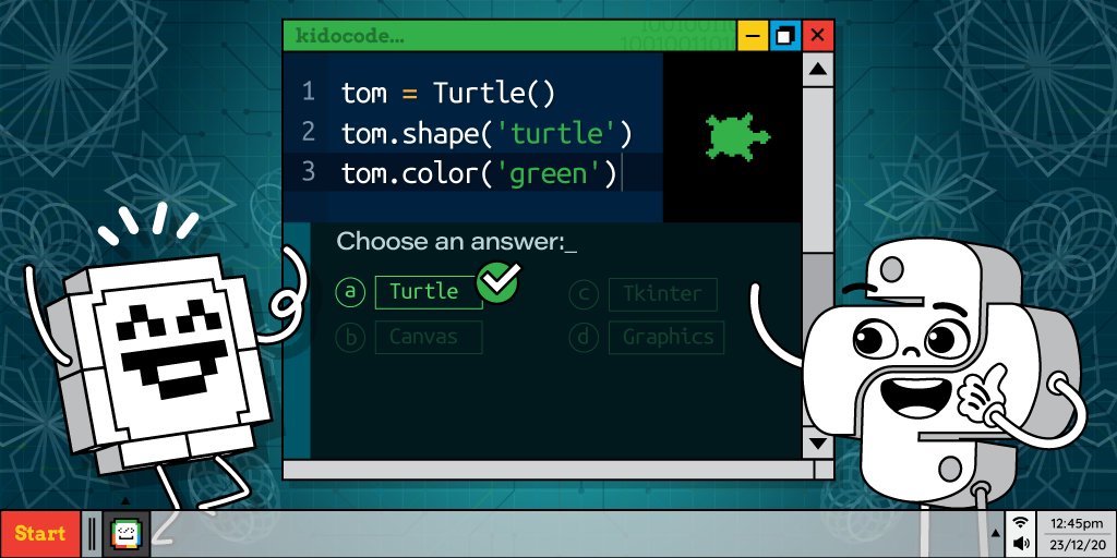 “Turtle” is a Python feature like a drawing board, which lets you command a turtle to draw all over it!

You can use functions like turtle.forward(...) and turtle.left(...) which can move the turtle around. 

#kidscancode #pythonprogramming #codingquiz #pythonquiz